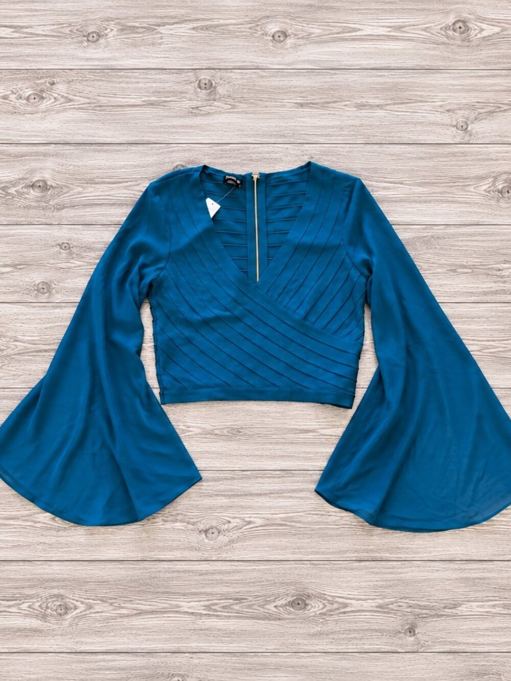 NWT bebe Teal Bandage Crop Top Sheer Bell Sleeves XL